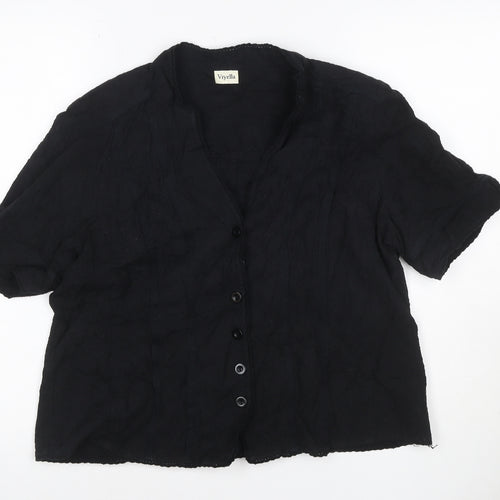 Viyella Women Black UK 16 V-Neck Short Sleeve Button-Up Cotton Blouse