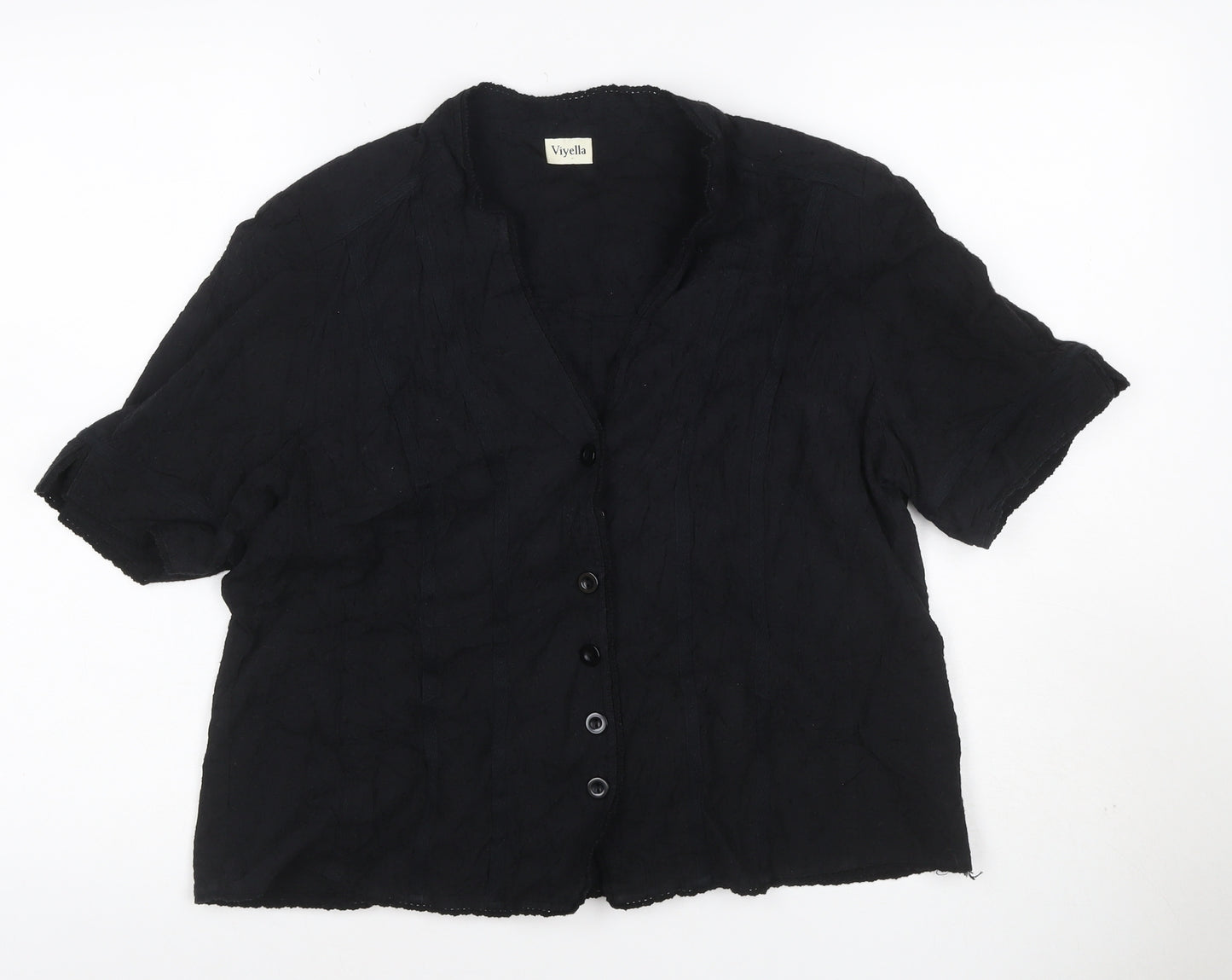 Viyella Women Black UK 16 V-Neck Short Sleeve Button-Up Cotton Blouse
