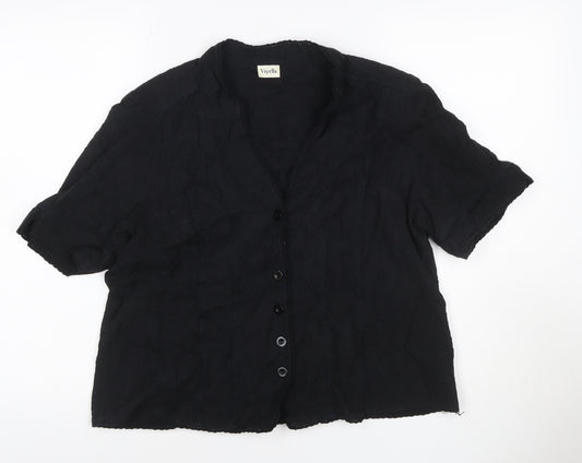 Viyella Women Black UK 16 V-Neck Short Sleeve Button-Up Cotton Blouse