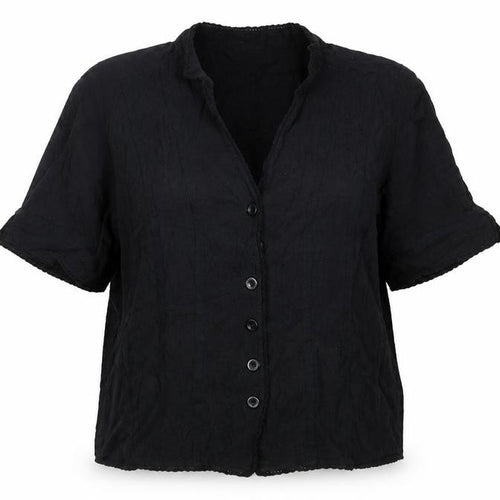 Viyella Women Black UK 16 V-Neck Short Sleeve Button-Up Cotton Blouse