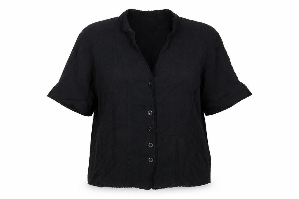 Viyella Women Black UK 16 V-Neck Short Sleeve Button-Up Cotton Blouse