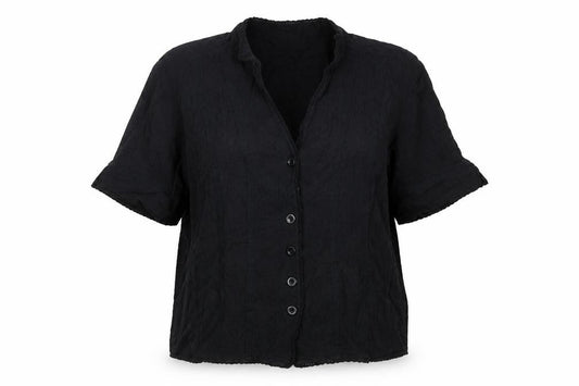 Viyella Women Black UK 16 V-Neck Short Sleeve Button-Up Cotton Blouse