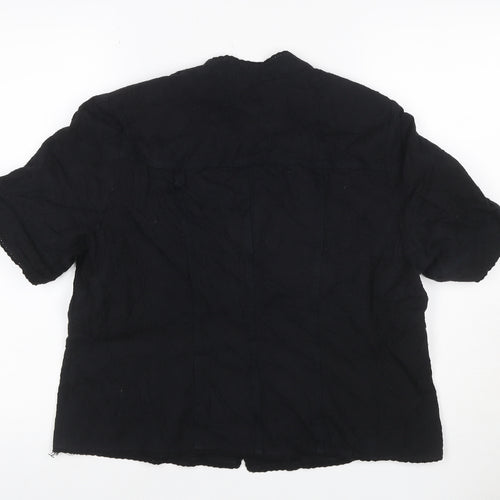 Viyella Women Black UK 16 V-Neck Short Sleeve Button-Up Cotton Blouse