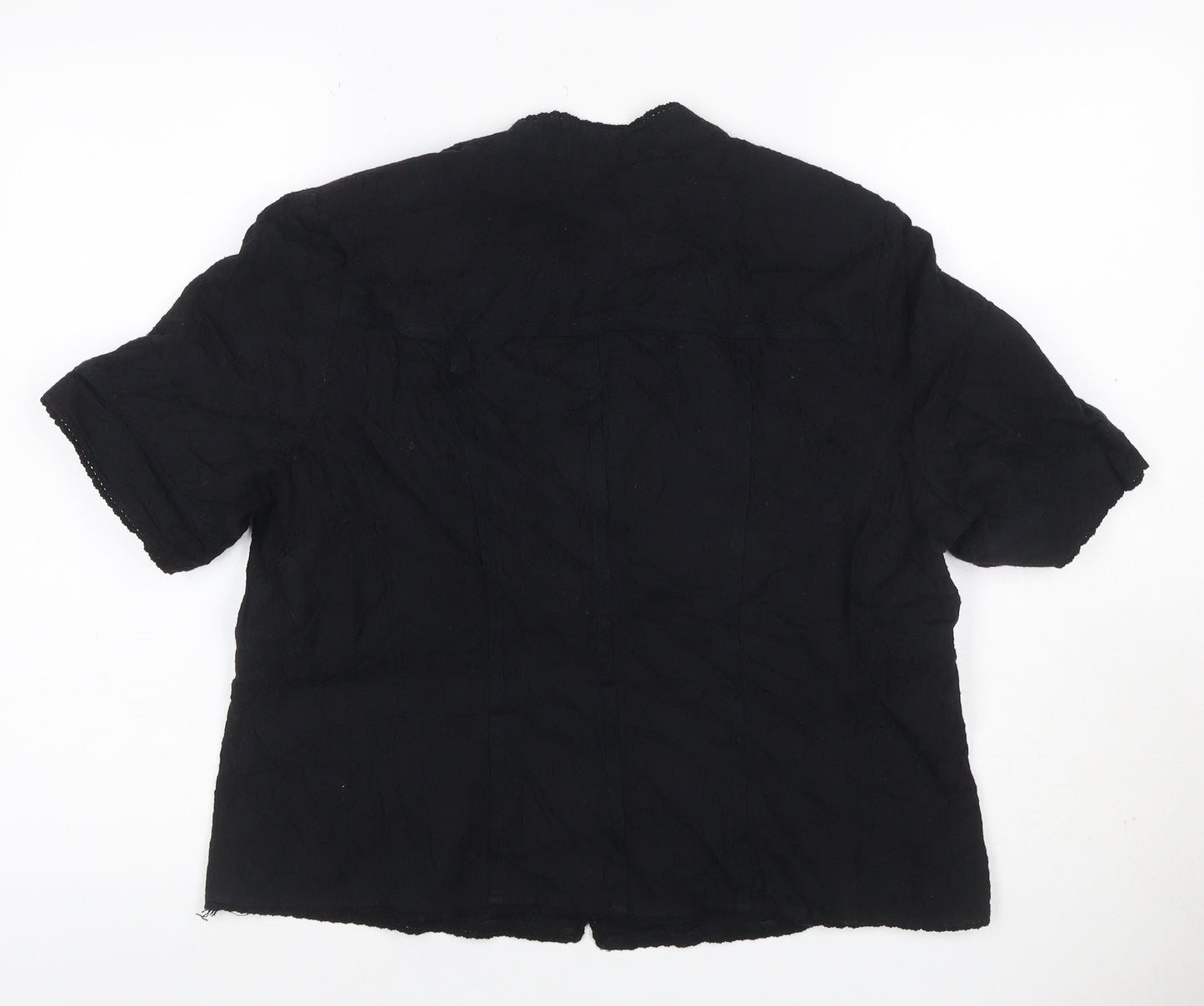 Viyella Women Black UK 16 V-Neck Short Sleeve Button-Up Cotton Blouse