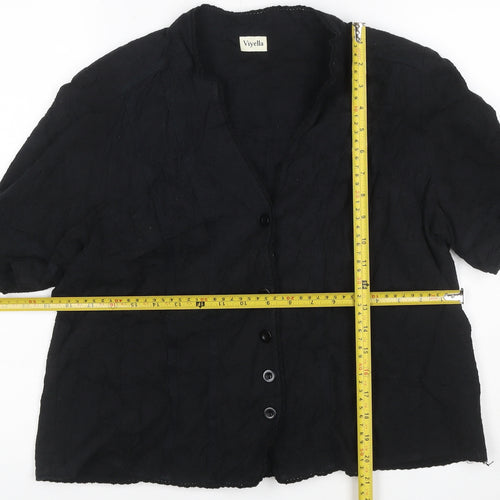 Viyella Women Black UK 16 V-Neck Short Sleeve Button-Up Cotton Blouse