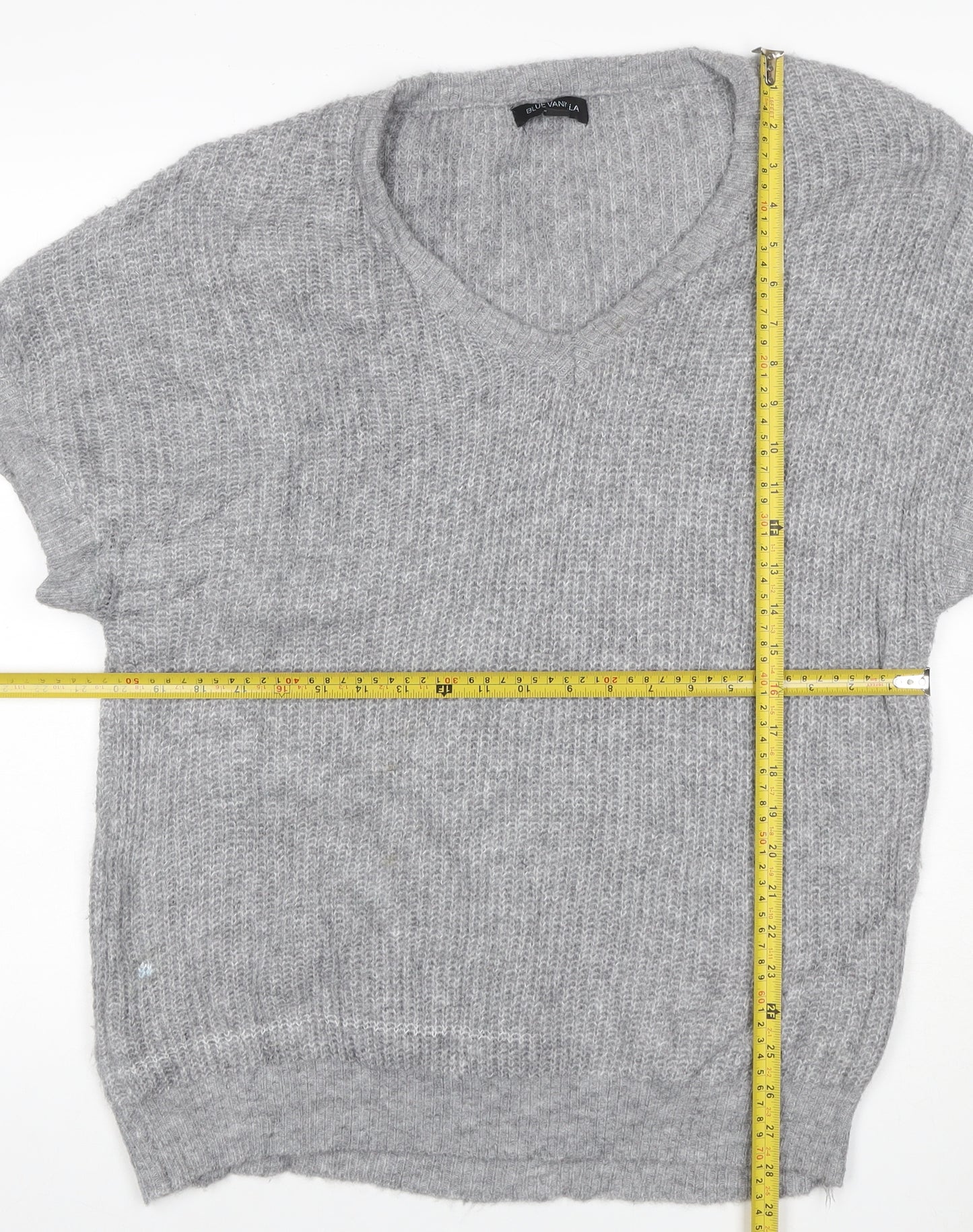 Blue Vanilla Women Grey S/M V-Neck Short Sleeve Knit Jumper