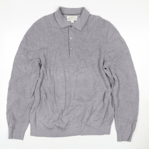 Autograph Men Grey L Merino Wool Blend Collared Henley Jumper