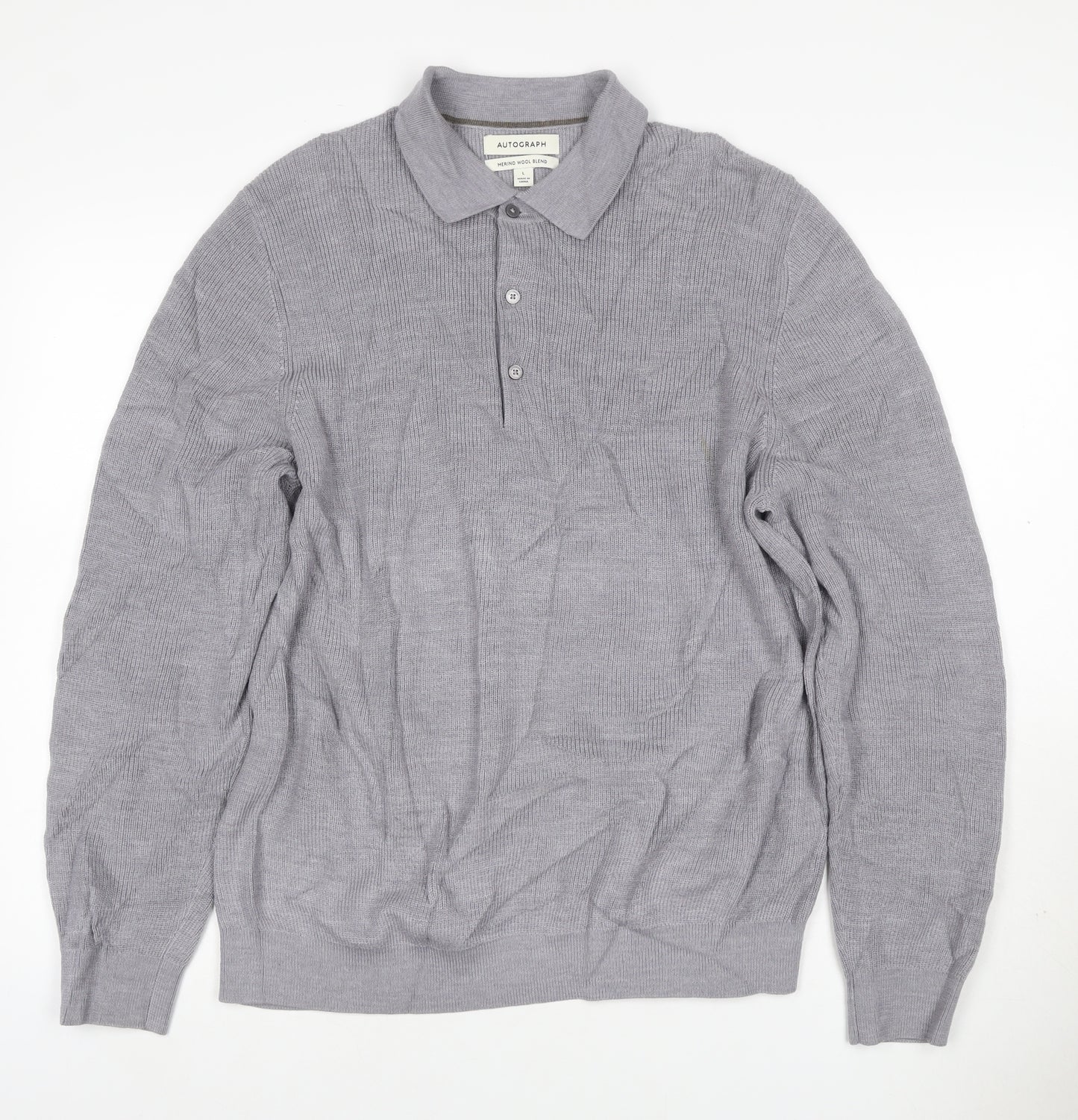 Autograph Men Grey L Merino Wool Blend Collared Henley Jumper