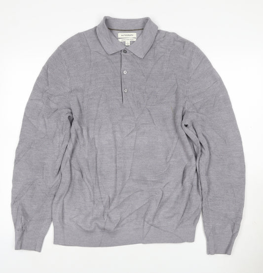 Autograph Men Grey L Merino Wool Blend Collared Henley Jumper