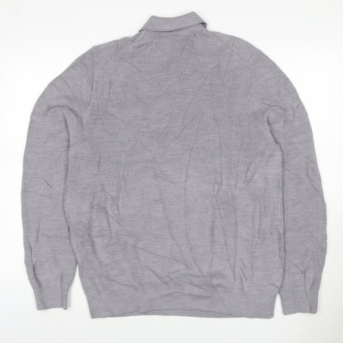 Autograph Men Grey L Merino Wool Blend Collared Henley Jumper
