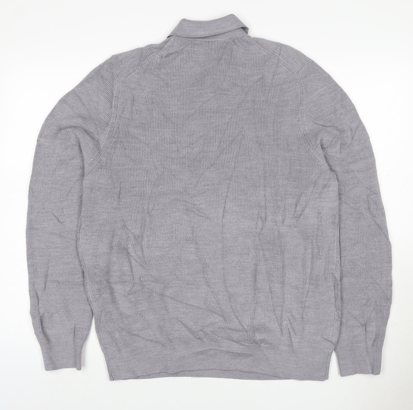 Autograph Men Grey L Merino Wool Blend Collared Henley Jumper