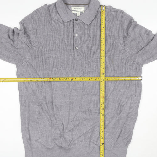Autograph Men Grey L Merino Wool Blend Collared Henley Jumper