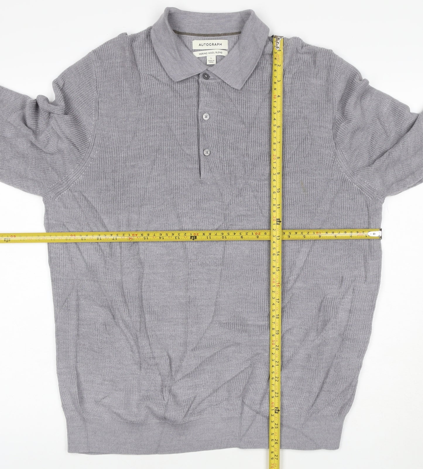 Autograph Men Grey L Merino Wool Blend Collared Henley Jumper