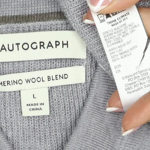 Autograph Men Grey L Merino Wool Blend Collared Henley Jumper