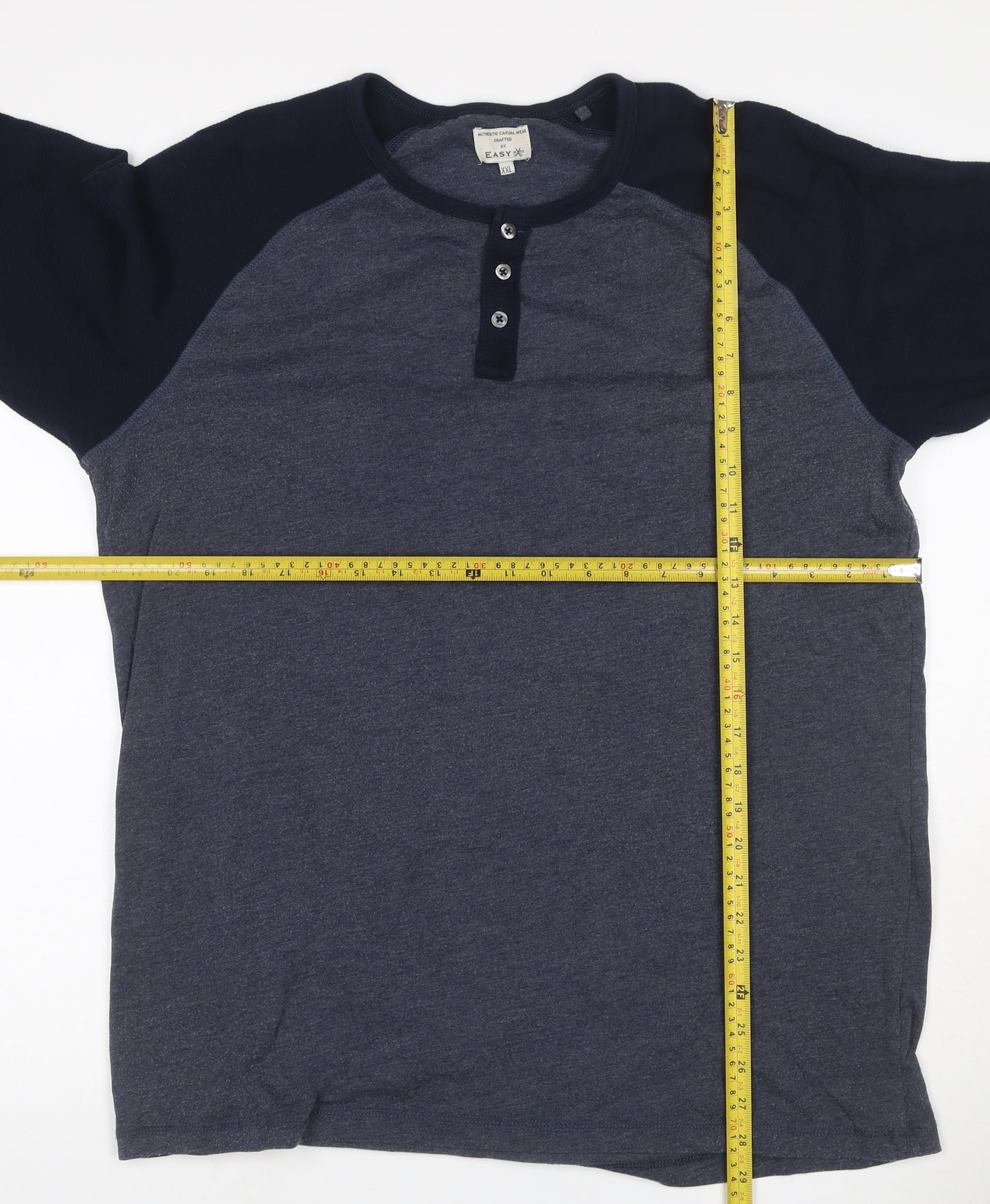 Easy Men’s XXL Grey Navy Colourblock Henley Long Sleeve T-Shirt