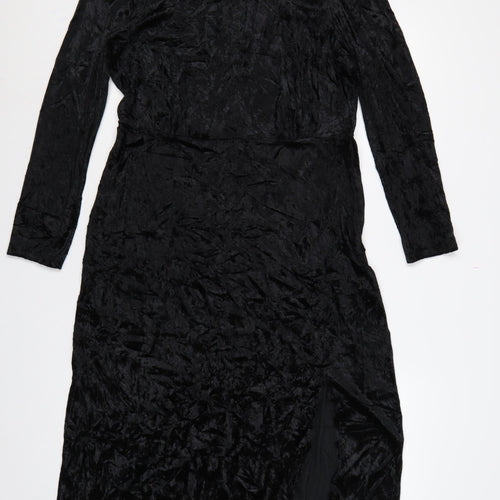 Finery Women Black Velvet Midi Sheath Dress UK 14 Long Sleeve
