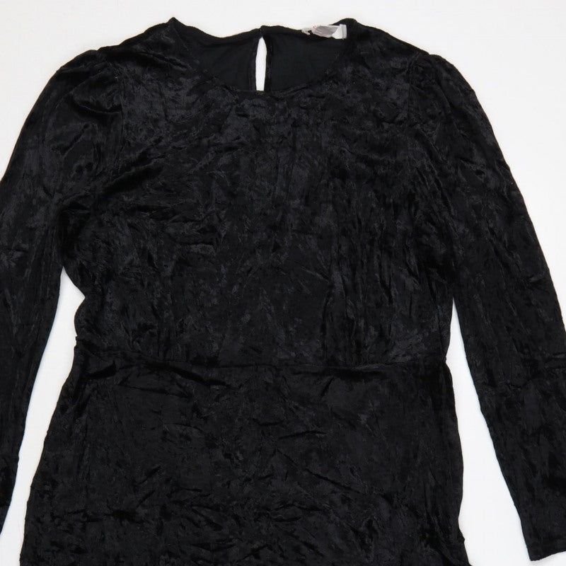Finery Women Black Velvet Midi Sheath Dress UK 14 Long Sleeve