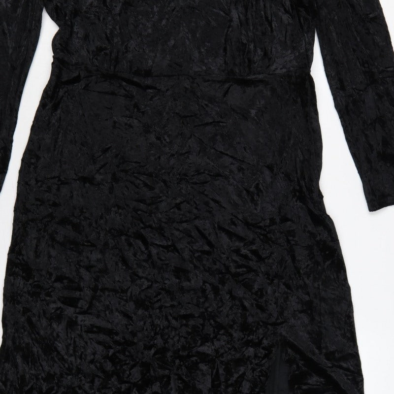 Finery Women Black Velvet Midi Sheath Dress UK 14 Long Sleeve