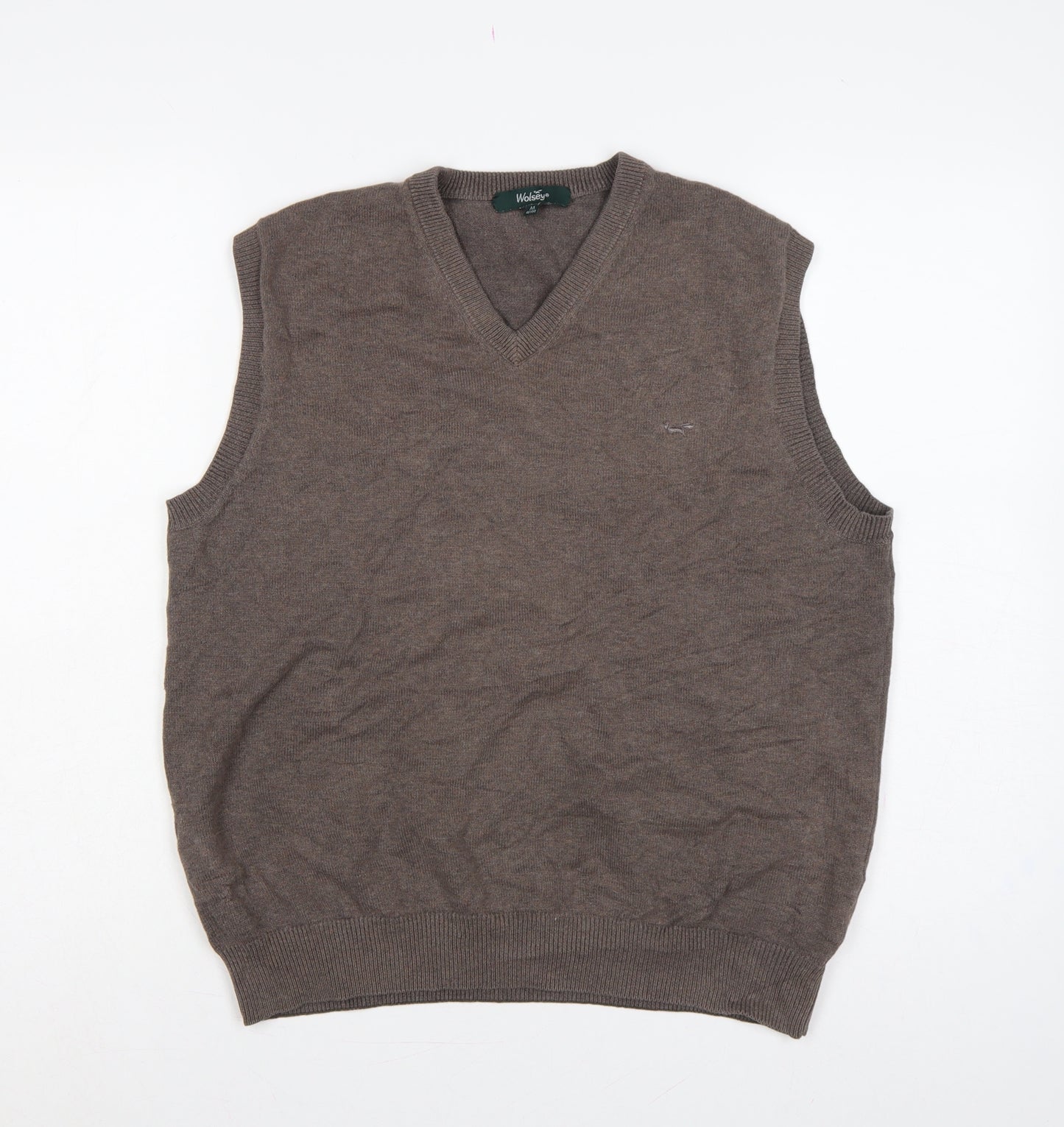 Wolsey Men's Brown M Cotton V-Neck Knit Sleeveless Jumper Vest Logo