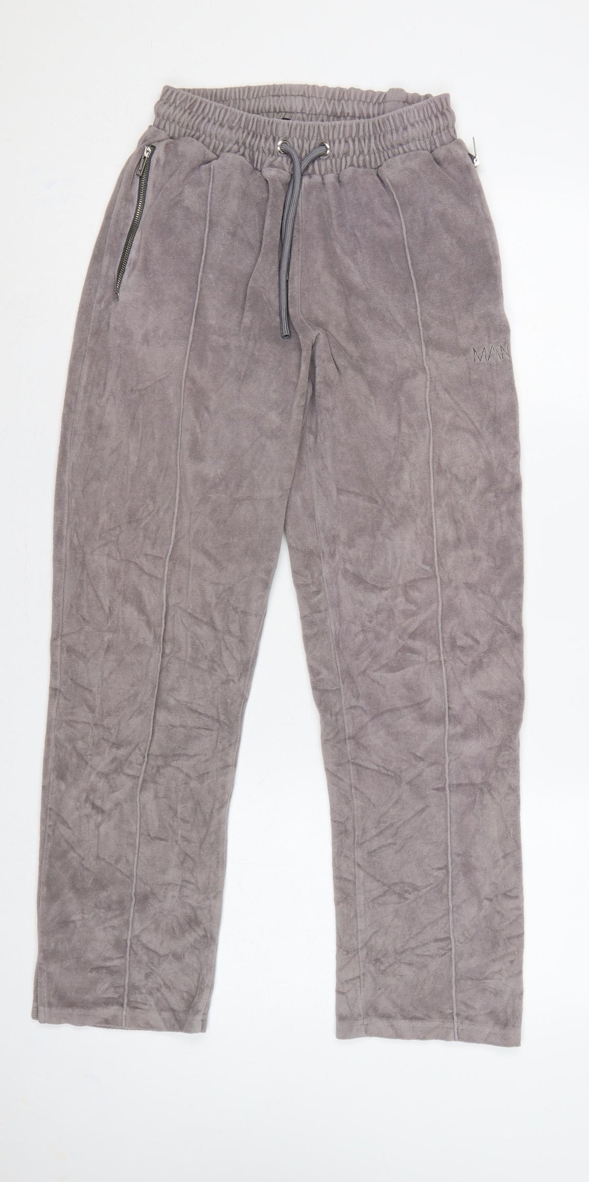 Back view of boohooMAN Men’s Grey Velvet Jogger Trousers XS Drawstring Zip Pockets