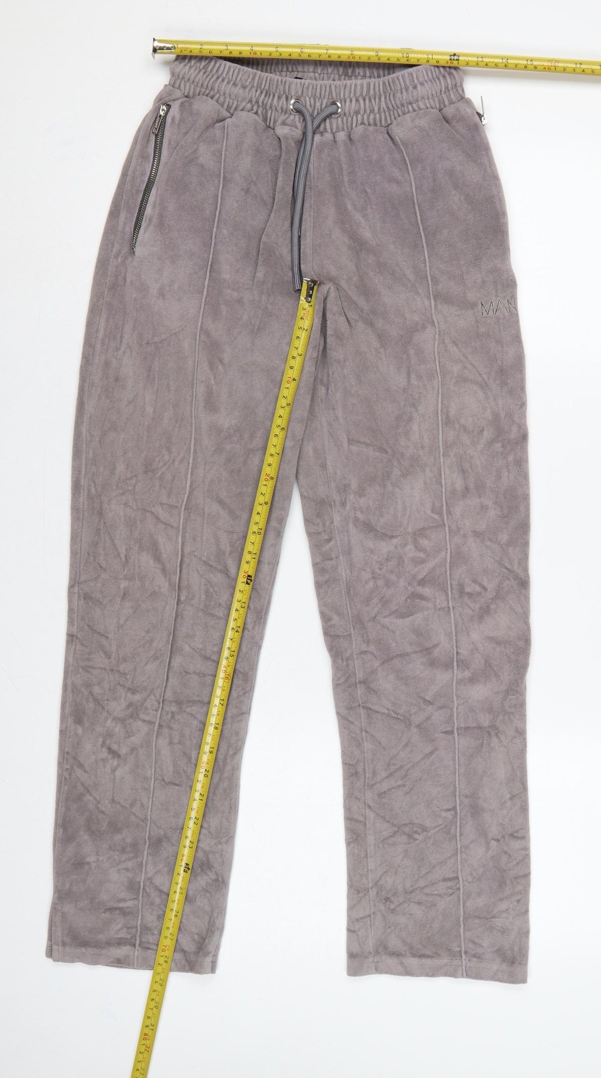 Close-up detail of boohooMAN Men’s Grey Velvet Jogger Trousers XS Drawstring Zip Pockets