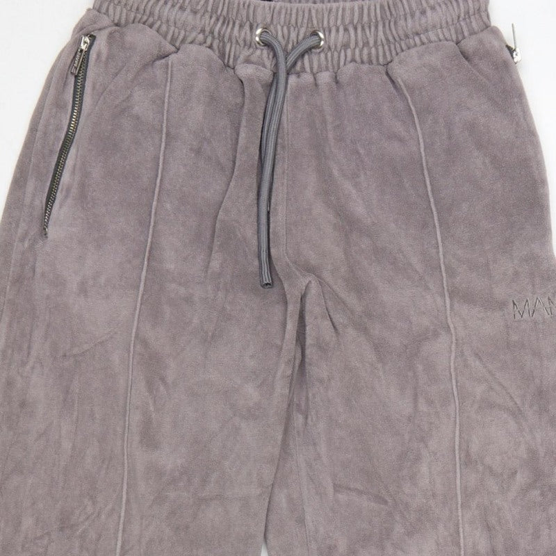 Additional view of boohooMAN Men’s Grey Velvet Jogger Trousers XS Drawstring Zip Pockets