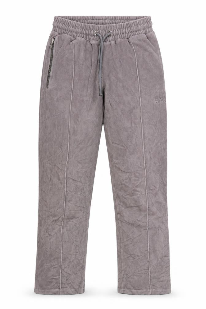 Front view of boohooMAN Men’s Grey Velvet Jogger Trousers XS Drawstring Zip Pockets