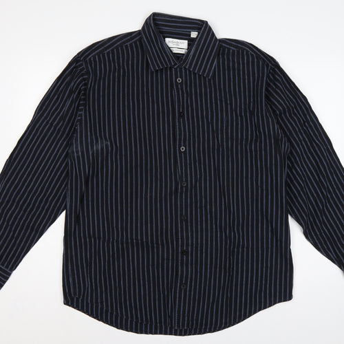 Yves Saint Laurent Men Black Blue Striped Cotton Long Sleeve Shirt L