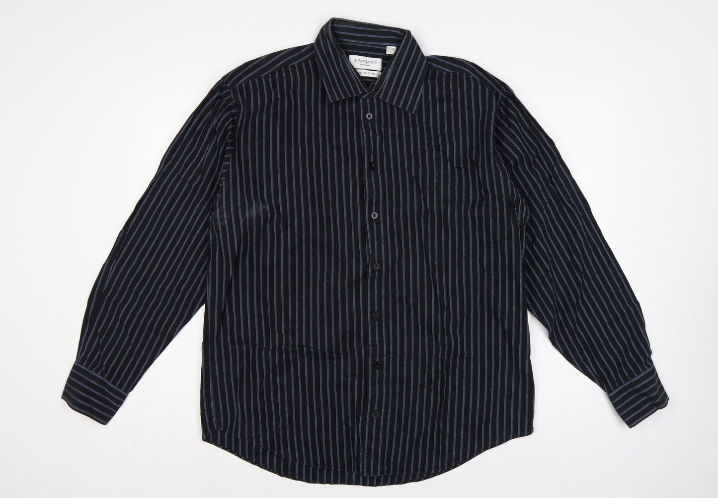 Yves Saint Laurent Men Black Blue Striped Cotton Long Sleeve Shirt L