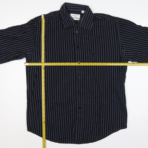 Yves Saint Laurent Men Black Blue Striped Cotton Long Sleeve Shirt L