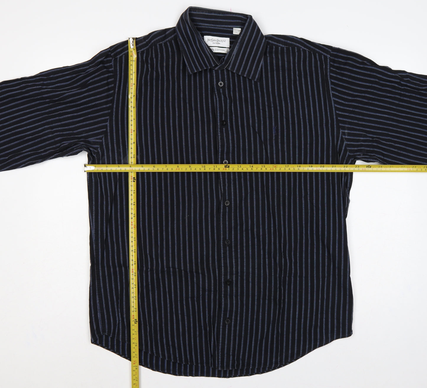 Yves Saint Laurent Men Black Blue Striped Cotton Long Sleeve Shirt L