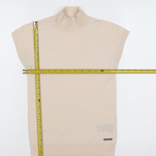 Karen Millen Women Beige S 100% Wool High Neck Sleeveless Tunic Jumper