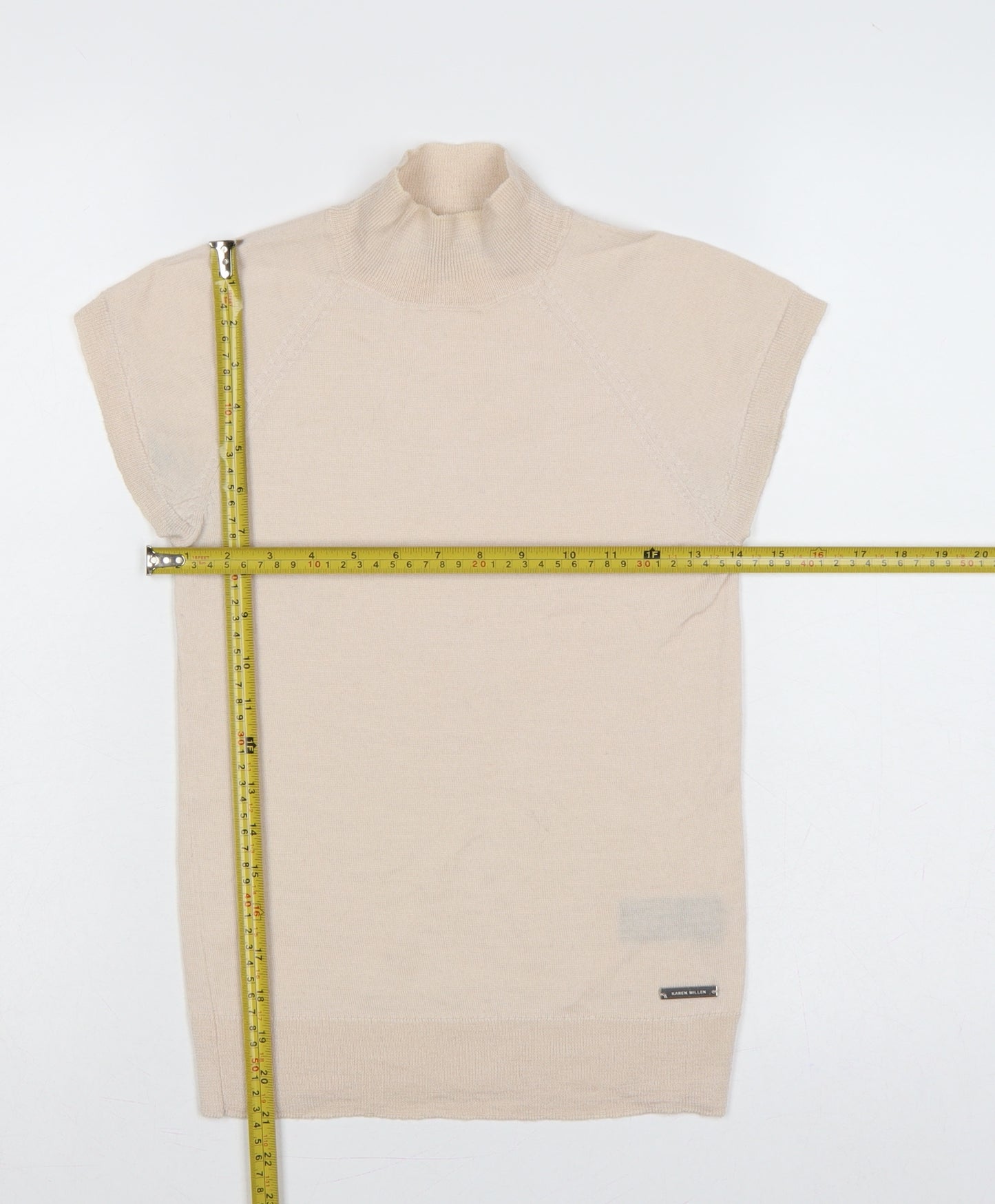Karen Millen Women Beige S 100% Wool High Neck Sleeveless Tunic Jumper
