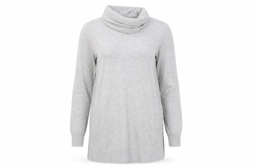 Front view of Cavus Women Grey S Roll Neck Long Sleeve Knit Tunic Jumper
