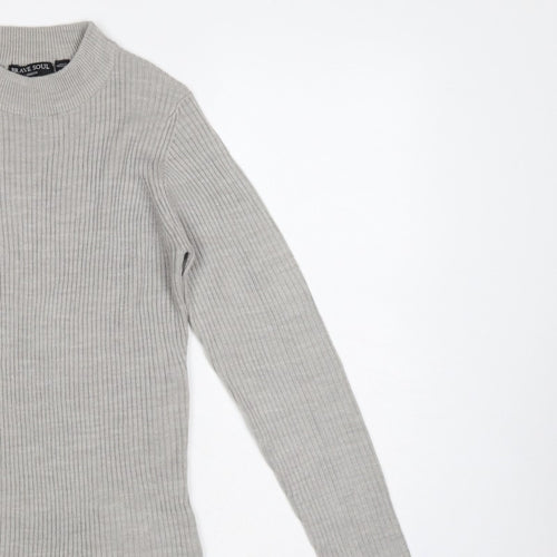 Brave Soul Women Grey M Ribbed High Neck Slim Fit Pullover Jumper