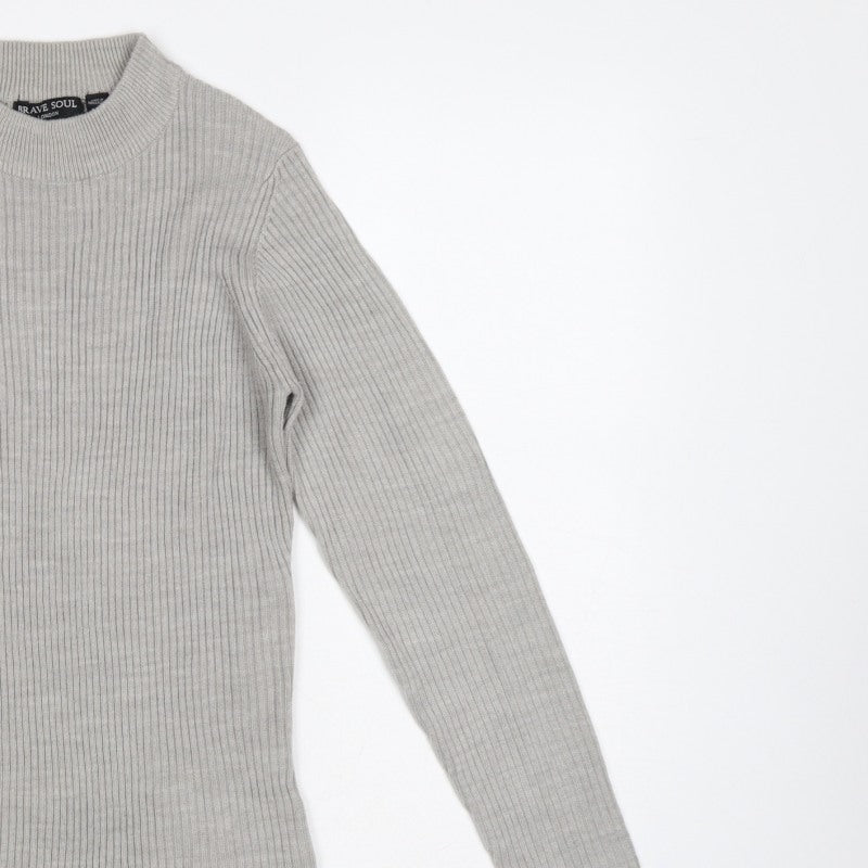 Brave Soul Women Grey M Ribbed High Neck Slim Fit Pullover Jumper