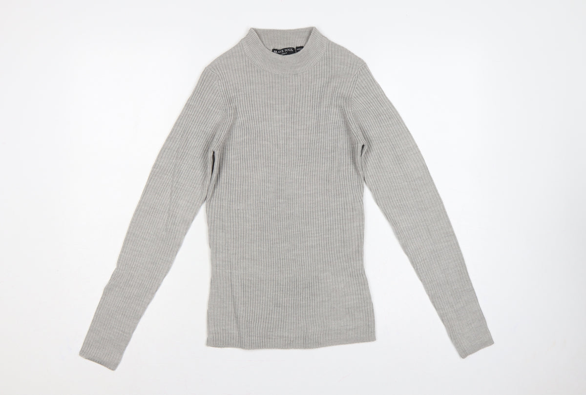 Brave Soul Women Grey M Ribbed High Neck Slim Fit Pullover Jumper