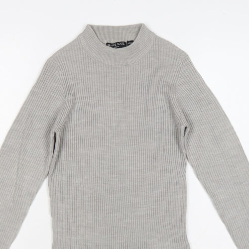 Brave Soul Women Grey M Ribbed High Neck Slim Fit Pullover Jumper