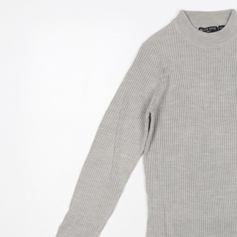 Brave Soul Women Grey M Ribbed High Neck Slim Fit Pullover Jumper
