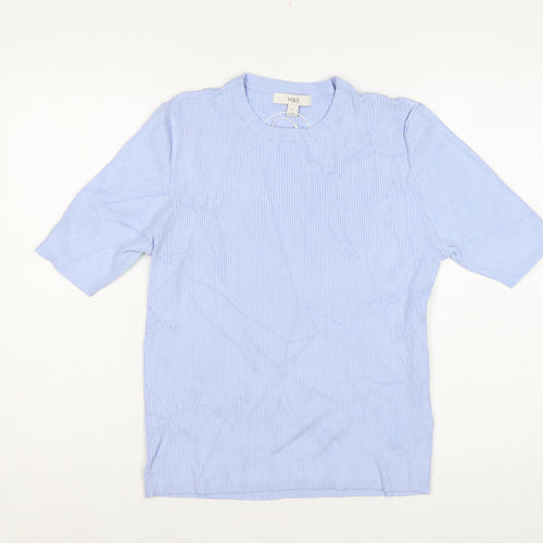 Marks and Spencer Women Blue L Ribbed Knit Short Sleeve Jumper