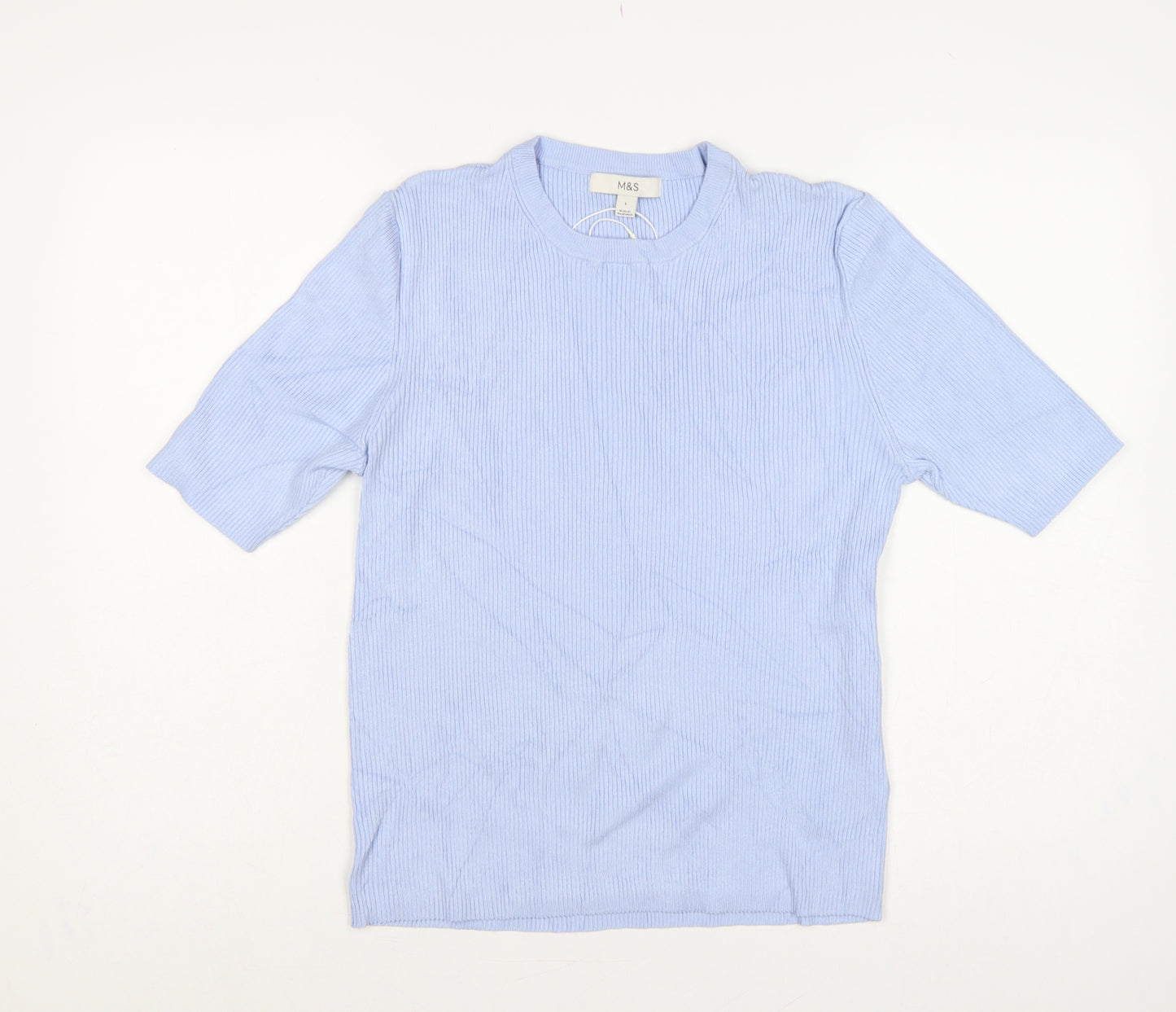 Marks and Spencer Women Blue L Ribbed Knit Short Sleeve Jumper