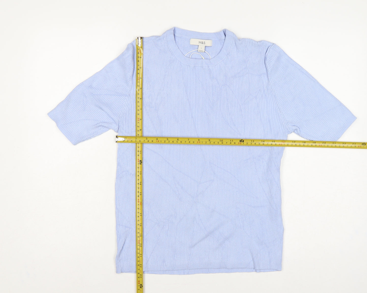 Marks and Spencer Women Blue L Ribbed Knit Short Sleeve Jumper