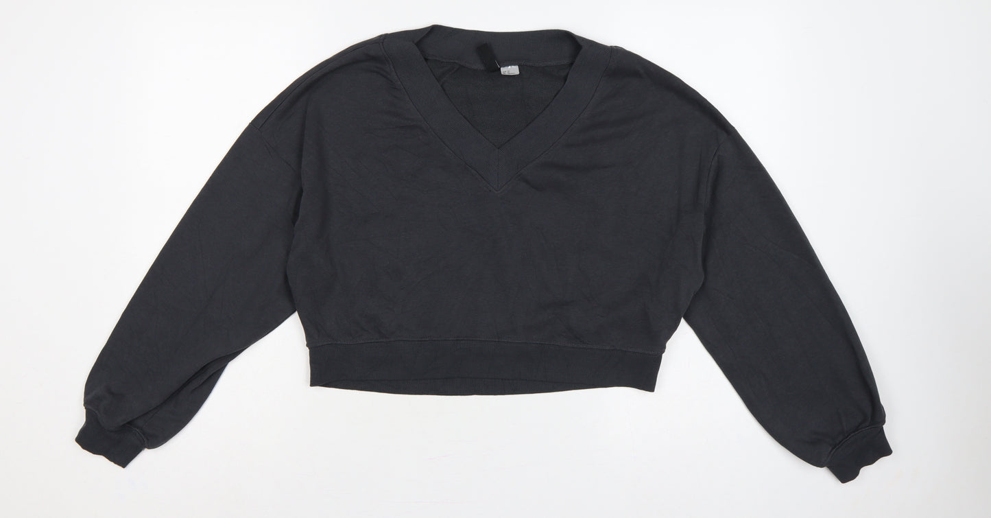 H&M Divided Women Black XS Cropped V-Neck Balloon Sleeve Sweatshirt