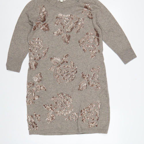 Monsoon Women Grey M Jumper Dress Floral Beaded Knit Long Sleeve