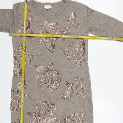 Monsoon Women Grey M Jumper Dress Floral Beaded Knit Long Sleeve