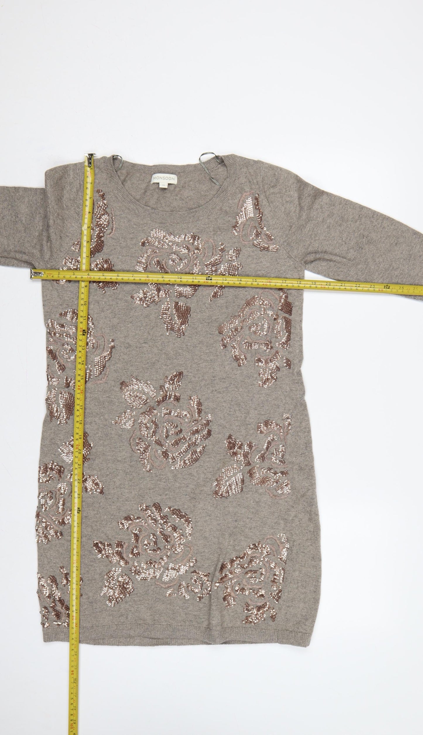 Monsoon Women Grey M Jumper Dress Floral Beaded Knit Long Sleeve