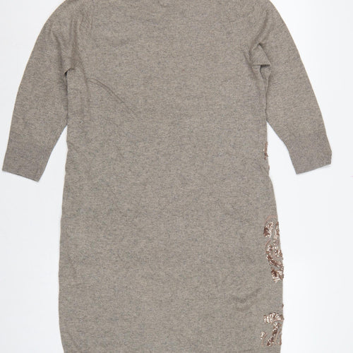 Monsoon Women Grey M Jumper Dress Floral Beaded Knit Long Sleeve