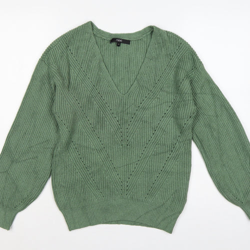 Next Women Green XS V-Neck Balloon Sleeve Knitted Pullover Jumper