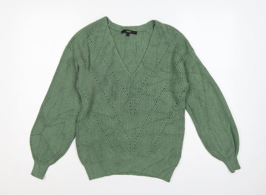 Next Women Green XS V-Neck Balloon Sleeve Knitted Pullover Jumper