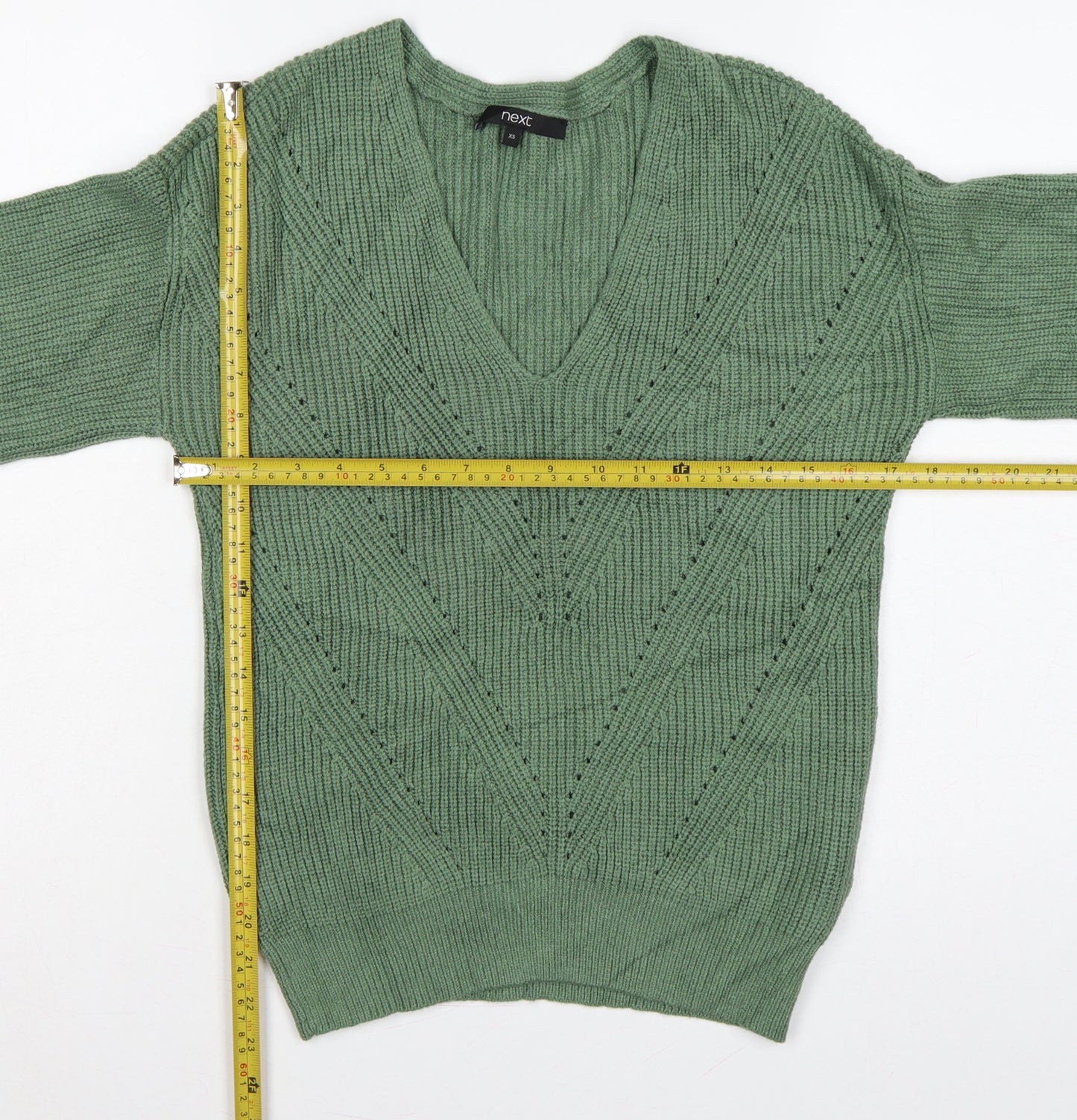 Next Women Green XS V-Neck Balloon Sleeve Knitted Pullover Jumper